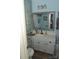 Bathroom with white cabinets, a framed mirror, and a light blue painted wall, and modern fixtures at 8149 Cedar Glen Dr # 8149, Charlotte, NC 28212