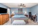 Serene bedroom with blue walls, a cozy bed, ceiling fan, and matching bedside tables at 1165 Golden Maple Ln, Chester, SC 29706