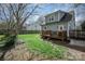 A well-maintained lawn, partial fence, and wooden deck create an inviting outdoor space for activities at 130 N Smallwood Pl, Charlotte, NC 28216