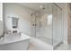 Modern bathroom featuring a freestanding tub and a large walk-in shower with glass enclosure at 20601 Island Forest Dr, Cornelius, NC 28031