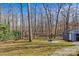 Backyard featuring a fire pit and a shed, surrounded by trees and nature at 2913 Archdale Dr, Charlotte, NC 28210