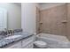 Bathroom featuring vanity with granite counters, a tub, and tiled walls at 111 Tradesmen Trl # 75, Troutman, NC 28166