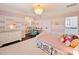 Bright bedroom features a chandelier, pink striped walls, a desk, and a cozy white carpet at 5824 Preston Ln, Charlotte, NC 28270
