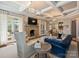 Inviting living room with a stone fireplace, coffered ceilings, and stylish furnishings for a comfortable and elegant ambiance at 5824 Preston Ln, Charlotte, NC 28270