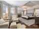 Spacious main bedroom with a stone fireplace, elegant lighting, sitting area, and coffered ceiling at 5824 Preston Ln, Charlotte, NC 28270