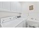 Clean laundry room features modern washer and dryer with ample storage and utility sink at 7925 Tottenham Dr, Harrisburg, NC 28075