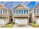 Charming two-story townhome featuring stone accents, a two-car garage, blue shutters, and a manicured lawn at 876 Summerlake Dr, Fort Mill, SC 29715