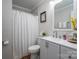 Cozy bathroom with a shower featuring a white, textured curtain and a light gray countertop at 119 Tara Ter, Kings Mountain, NC 28086