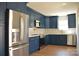 Modern kitchen with stainless steel appliances and bright blue cabinetry at 244 Stilwell Oaks Cir, Charlotte, NC 28212