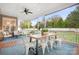 Relax on this covered patio with ceiling fan, blue rug, and outdoor dining table and chairs overlooking the backyard at 121 Dabbling Duck Cir, Mooresville, NC 28117