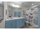 A colorful bathroom featuring a vanity with ample storage and a playful shower curtain at 1710 Woodward Ave, Charlotte, NC 28206