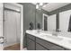 Bathroom featuring dual sink vanity with gray cabinets, chrome fixtures, and modern finishes at 233 Catawba Crest Ln, Clover, SC 29710