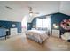 Upstairs bedroom with pitched ceiling, carpet, ceiling fan, bed and white furniture at 2538 Cherry Bark Oak Ct, Gastonia, NC 28056