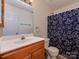 Bathroom featuring a single sink vanity, a toilet, and a shower with a blue patterned curtain at 8527 Conner Ridge Ln, Charlotte, NC 28269
