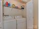 Functional laundry room featuring a washer, dryer, and wire shelving for storage at 8527 Conner Ridge Ln, Charlotte, NC 28269