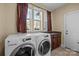 Bright laundry room with modern washer and dryer, built-in cabinets, and a convenient countertop for folding at 10129 Loch Lomond Dr, Charlotte, NC 28278