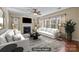 Staged living room featuring large windows, a fireplace, and comfortable seating at 10129 Loch Lomond Dr, Charlotte, NC 28278