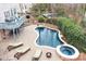 Aerial view of a landscaped backyard with a pool, patio and deck areas at 215 Whitegrove Dr, Fort Mill, SC 29715