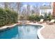 Inviting backyard pool with lounge chairs, brick surround, and a lush landscaped garden at 215 Whitegrove Dr, Fort Mill, SC 29715