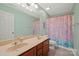 Bathroom with a double sink vanity, complemented by modern fixtures and a colorful shower curtain at 4035 W Sandy Trl, Fort Mill, SC 29707