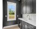 Modern gray kitchen area with mosaic backsplash, white countertop, and view to the outside at 733 Barbary Pl, Lincolnton, NC 28092