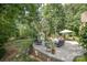 Backyard patio featuring a dining table and chairs, additional seating, a fire pit, and lush landscaping at 7913 Buena Vista Dr, Denver, NC 28037