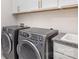 Laundry room featuring stainless steel washer and dryer, with utility sink and white cabinets above at 9534 Liberty Hill Dr # 196, Mint Hill, NC 28227