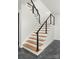 Modern staircase with wooden steps, black metal railings, and white risers at 108 Isle Of Pines Rd # 3, Mooresville, NC 28117