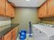 Functional laundry room with front loading washer/dryer, tile backsplash and upper cabinets at 13424 Portside Ct, Charlotte, NC 28278