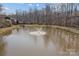Aerial view of a large pond with fountain and trees at 166 Chere Helen Dr, Mooresville, NC 28115