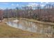 Aerial view of a pond with a fountain and trees at 166 Chere Helen Dr, Mooresville, NC 28115