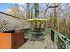 Wooden deck with a metal table, chairs, and a green umbrella at 311 3Rd Avenue Se Dr, Hickory, NC 28602