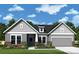 New construction home exterior featuring gray siding, brick accents, and a two-car garage at 3237 Vermillion Dr, Harrisburg, NC 28075