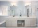 Bathroom featuring double sink vanity, glass shower, soaking tub, with white cabinets and countertops at 3329 Brownes Creek Rd, Charlotte, NC 28269