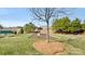 Outdoor bocce ball court with green artificial turf, shaded seating, and a well-maintained lawn at 8534 Loxton Cir, Charlotte, NC 28214