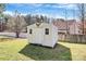 Close-up of the backyard storage shed with a decorative eagle, set against a wooded backdrop at 1229 Kent Dr, Lancaster, SC 29720