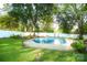In-ground pool surrounded by grass, landscaping, and privacy fence at 142 Wilson Ne St, Concord, NC 28025