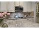Up close detail of kitchen featuring stainless microwave, granite countertops, and neutral backsplash at 303 Ridge Reserve Dr # 29, Clover, SC 29710