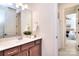 Bathroom featuring a vanity with dark wood cabinets and a large mirror at 6521 Shoff Cir, Charlotte, NC 28215