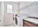 Bright laundry room featuring modern washer and dryer, utility sink, granite countertop, and convenient wire shelving at 6521 Shoff Cir, Charlotte, NC 28215