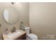 Cozy powder room featuring a pedestal sink, round mirror, and a toilet at 10615 Persimmon Creek Dr, Mint Hill, NC 28227