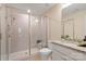 Modern bathroom featuring a glass-enclosed shower and granite countertop at 13101 Cozy Ct, Charlotte, NC 28215