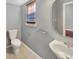 Powder room featuring neutral gray walls, mirror, sink, toilet, and natural light at 15120 Callow Forest Dr, Charlotte, NC 28273