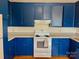 Kitchen featuring blue cabinets, white appliances, and laminate counters at 3010 Crosby Rd # 122, Charlotte, NC 28211