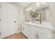 Well-lit bathroom featuring double sinks, modern mirrors, elegant fixtures, and wood grain vinyl floor at 4820 Valley Stream Rd, Charlotte, NC 28209