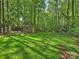 Private backyard with mature trees, manicured lawn, storage shed and lush landscaping at 4830 Broad Hollow Dr, Charlotte, NC 28226