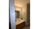 Neutral toned bathroom featuring a mirror, a sink, and a light wood cabinet at 5963 Moose Ln, Charlotte, NC 28269