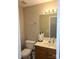 This is a neutral toned bathroom with a single sink and light wood cabinets at 5963 Moose Ln, Charlotte, NC 28269