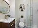 Modern bathroom with a stylish vanity, a walk-in shower, and decorative tile flooring at 638 Forest Ln, Rock Hill, SC 29730