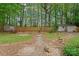 Landscaped backyard features mature trees, manicured lawn, and stone walking path at 6721 Old Post Rd, Charlotte, NC 28212
